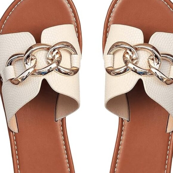 Shoes - Women's Open Toe Chain Flat Sandals Faux Leather Summer Slippers Slip on Slides